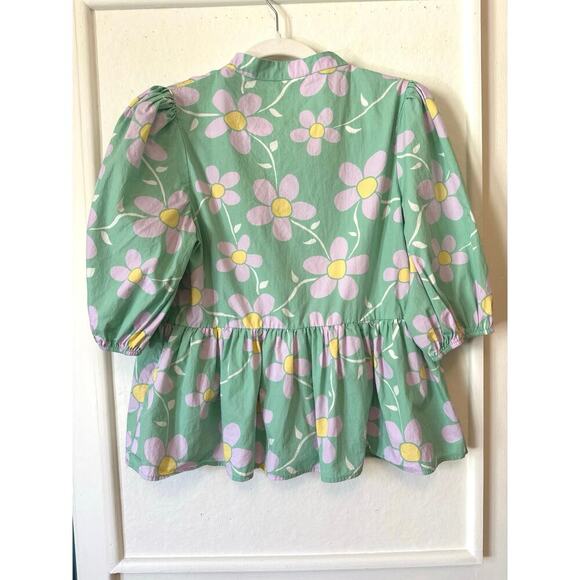 Karlie Green Floral Peplum Blouse L | Scalloped Neck 100% Cotton Spring Top - Picture 2 of 4